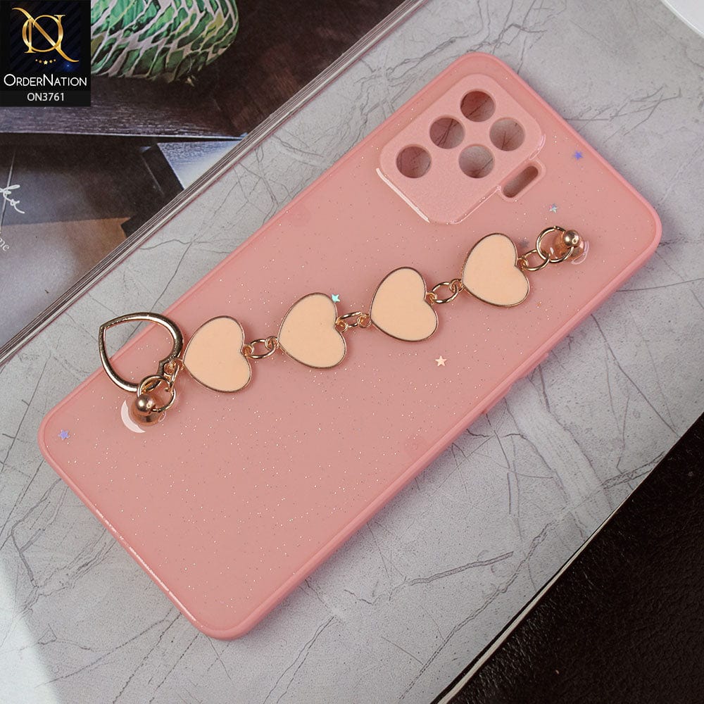 Oppo A94 Cover - Pink -Shiny Glitter Candy Color Soft Border Camera Protection Case With Heart Chain Holder (Glitter Does not move)