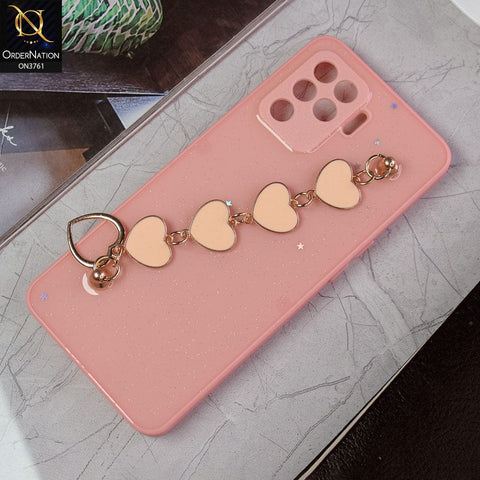 Oppo A94 Cover - Pink -Shiny Glitter Candy Color Soft Border Camera Protection Case With Heart Chain Holder (Glitter Does not move)