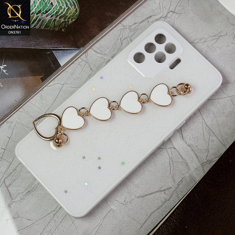 Oppo A94 Cover - White -Shiny Glitter Candy Color Soft Border Camera Protection Case With Heart Chain Holder (Glitter Does not move)