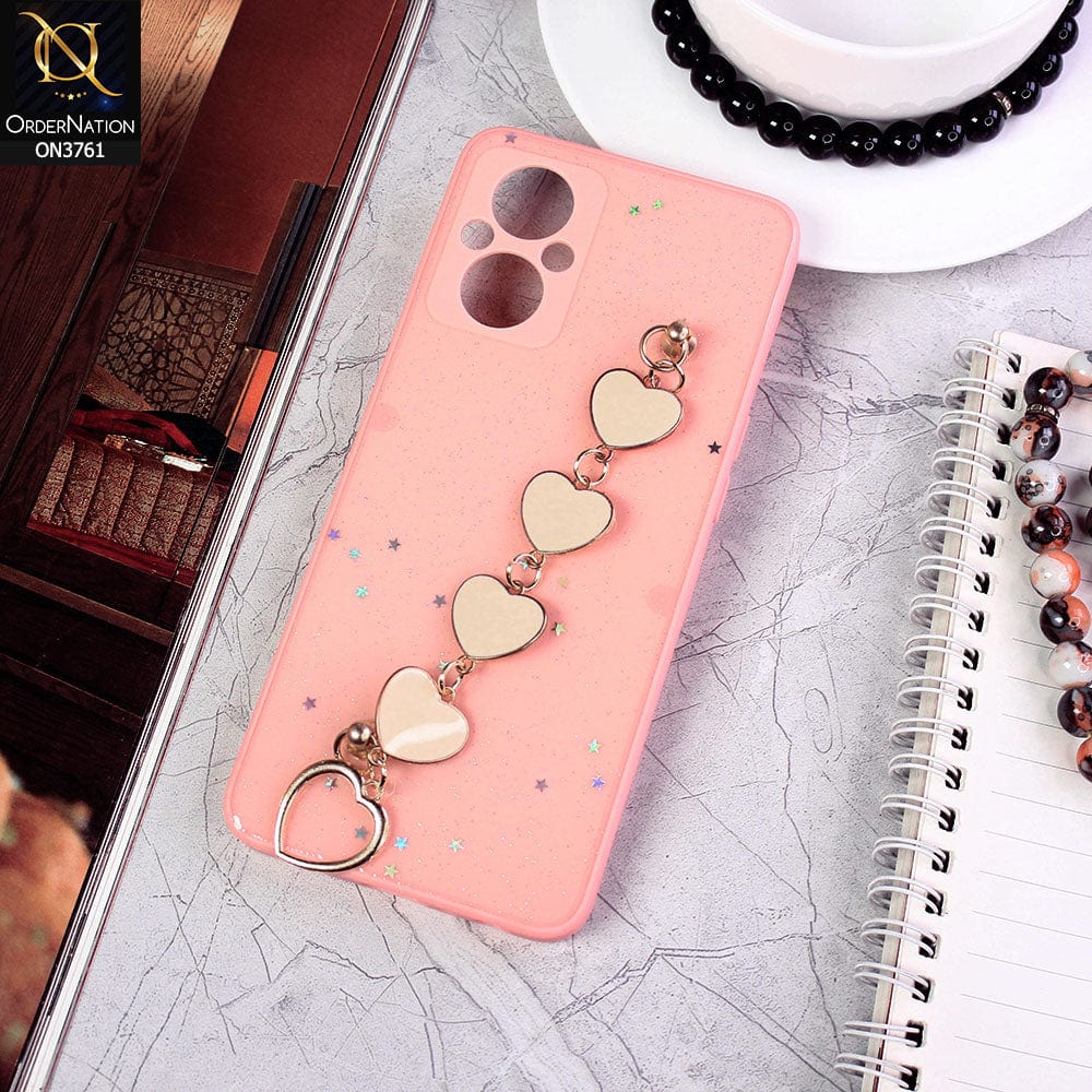 Oppo F21 Pro 5G Cover - Pink - Shiny Glitter Candy Color Soft Border Camera Protection Case With Heart Chain Holder (Glitter Does not move)