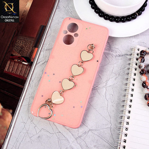 Oppo Reno7 Z 5G Cover - Pink - Shiny Glitter Candy Color Soft Border Camera Protection Case With Heart Chain Holder (Glitter Does not move)