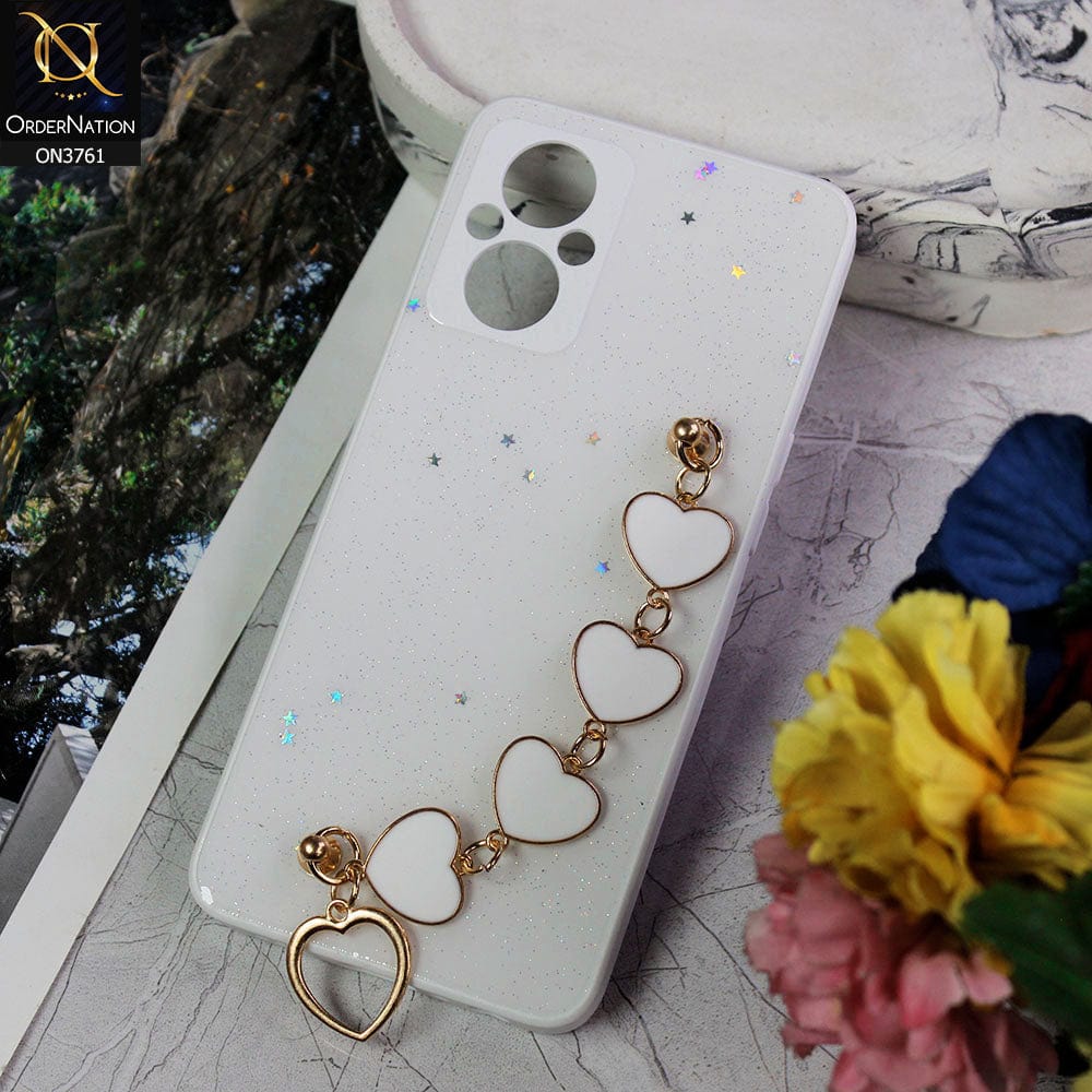 Oppo Reno 7 Lite Cover - White - Shiny Glitter Candy Color Soft Border Camera Protection Case With Heart Chain Holder (Glitter Does not move)