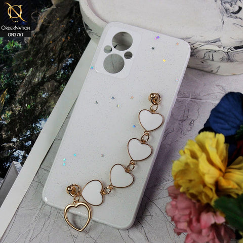 Oppo Reno 7 Lite Cover - White - Shiny Glitter Candy Color Soft Border Camera Protection Case With Heart Chain Holder (Glitter Does not move)