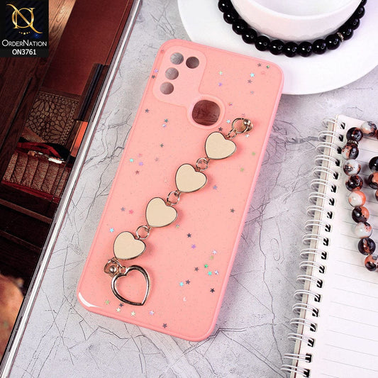 Infinix Hot 10 Play Cover - Pink - Shiny Glitter Candy Color Soft Border Camera Protection Case With Heart Chain Holder (Glitter Does not move)