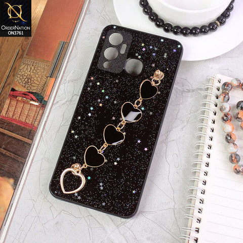 Infinix Hot 12 Play Cover - Black - Shiny Glitter Candy Color Soft Border Camera Protection Case With Heart Chain Holder (Glitter Does not move)