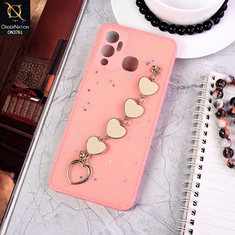 Infinix Hot 12 Play Cover - Pink - Shiny Glitter Candy Color Soft Border Camera Protection Case With Heart Chain Holder (Glitter Does not move)