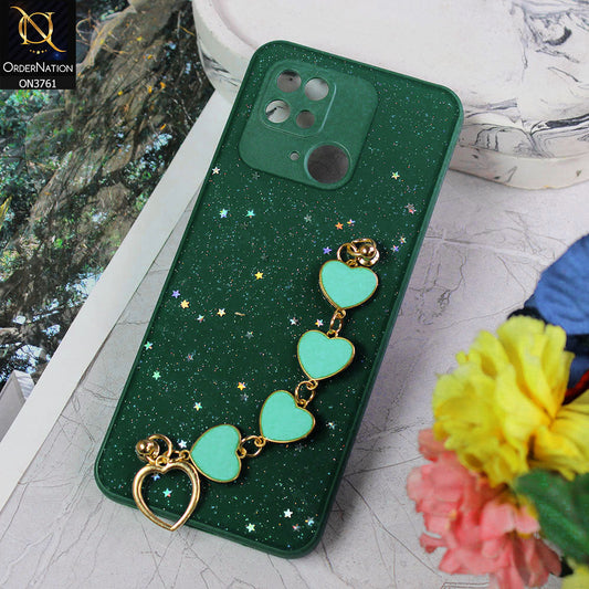 Xiaomi Redmi 10C Cover - Dark Green - Shiny Glitter Candy Color Soft Border Camera Protection Case With Heart Chain Holder (Glitter Does not move)