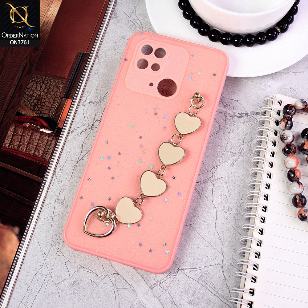Xiaomi Redmi 10C Cover - Pink - Shiny Glitter Candy Color Soft Border Camera Protection Case With Heart Chain Holder (Glitter Does not move)