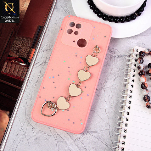 Xiaomi Redmi 10C Cover - Pink - Shiny Glitter Candy Color Soft Border Camera Protection Case With Heart Chain Holder (Glitter Does not move)