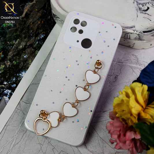 Xiaomi Redmi 10C Cover - White - Shiny Glitter Candy Color Soft Border Camera Protection Case With Heart Chain Holder (Glitter Does not move)