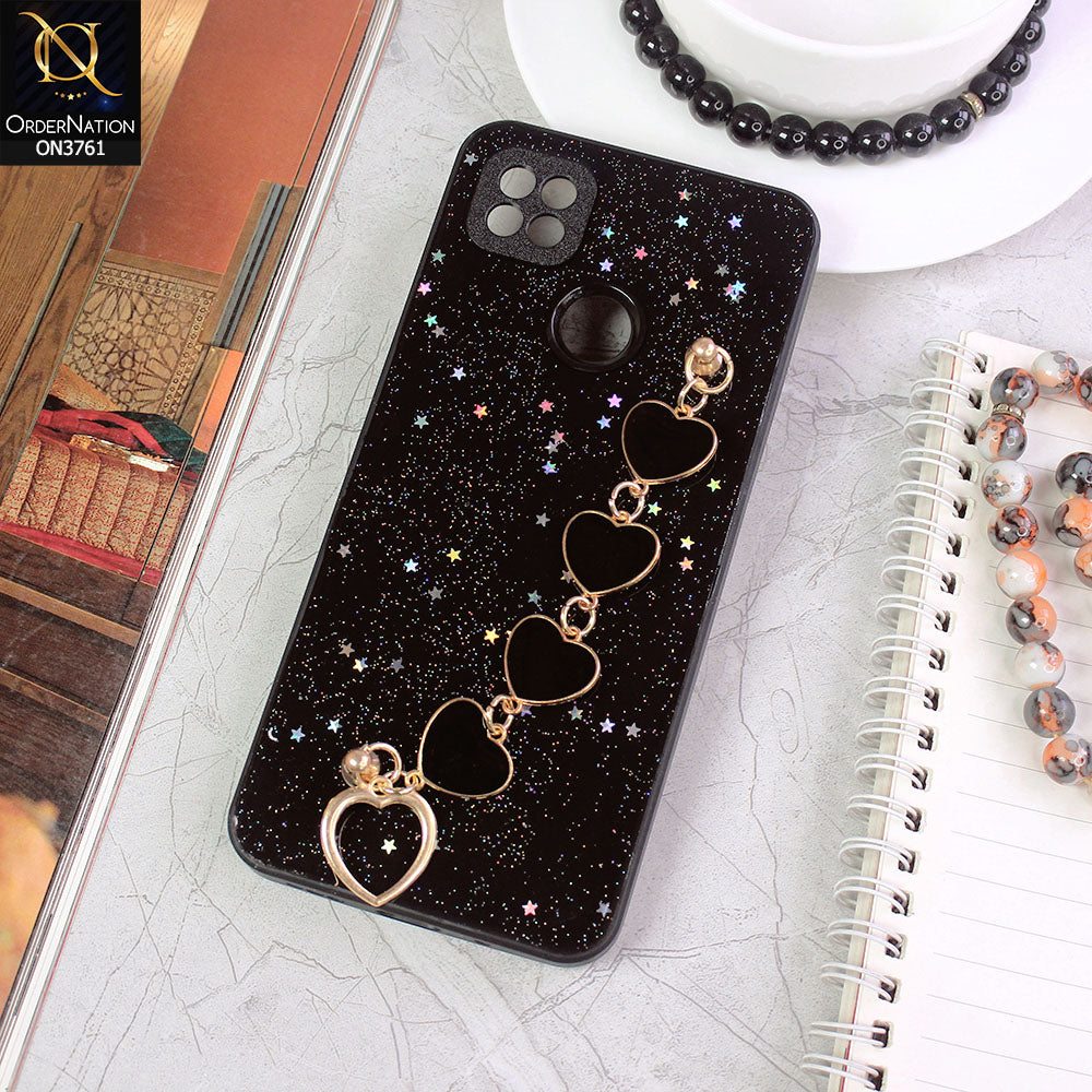 Xiaomi Redmi 10A Cover - Black - Shiny Glitter Candy Color Soft Border Camera Protection Case With Heart Chain Holder (Glitter Does not move)