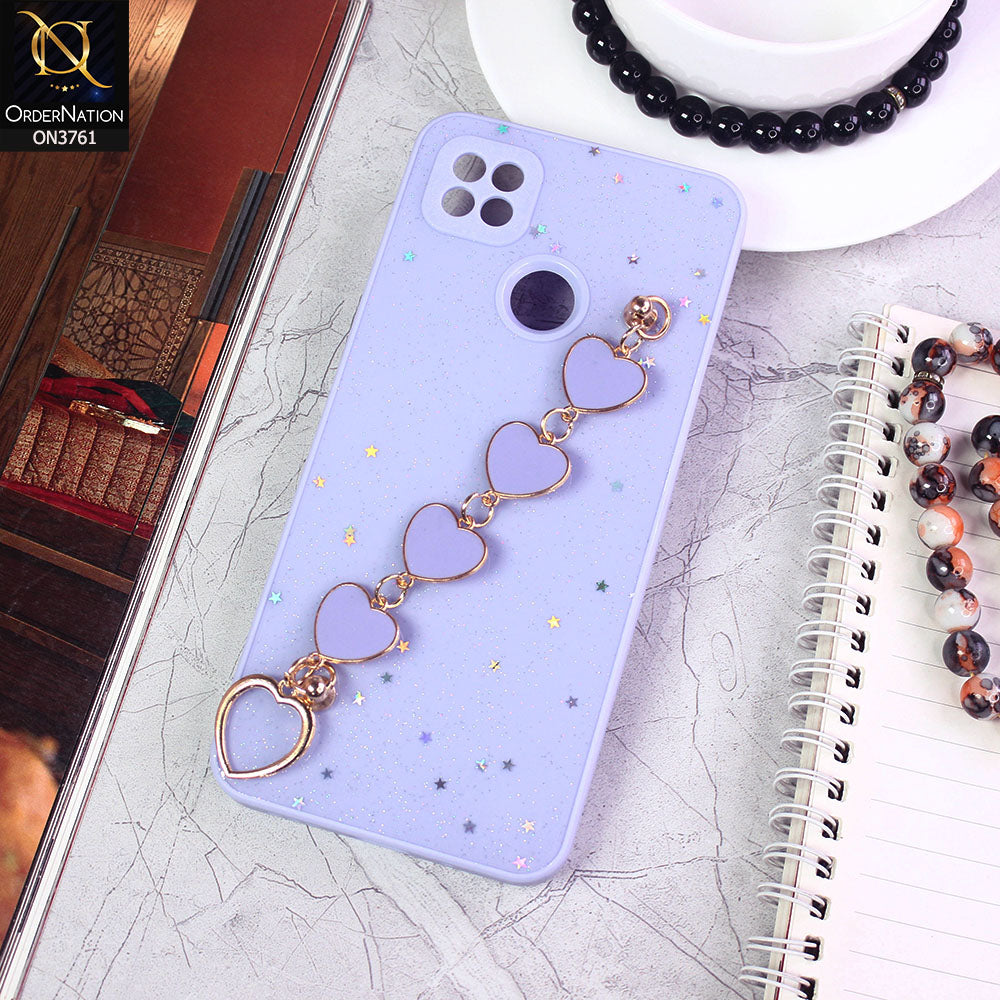 Xiaomi Redmi 10A Cover  - Purple - Shiny Glitter Candy Color Soft Border Camera Protection Case With Heart Chain Holder (Glitter Does not move)