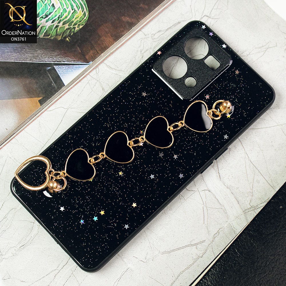 Oppo Reno 7 4G Cover - Black -Shiny Glitter Candy Color Soft Border Camera Protection Case With Heart Chain Holder (Glitter Does not move)