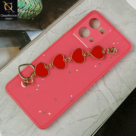 Oppo Reno 7 4G Cover - Peach -Shiny Glitter Candy Color Soft Border Camera Protection Case With Heart Chain Holder (Glitter Does not move)