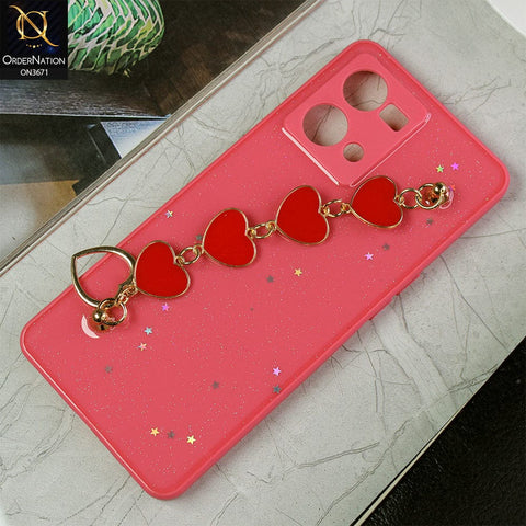 Oppo Reno 7 4G Cover - Peach -Shiny Glitter Candy Color Soft Border Camera Protection Case With Heart Chain Holder (Glitter Does not move)