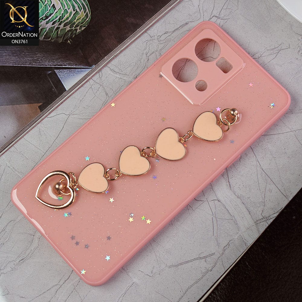 Oppo F21 Pro 4G Cover - Pink - Shiny Glitter Candy Color Soft Border Camera Protection Case With Heart Chain Holder (Glitter Does not move)