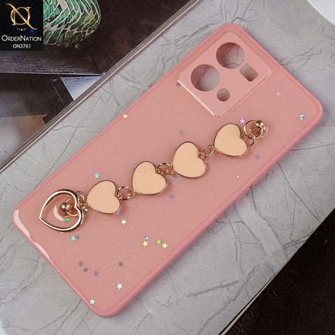 Oppo Reno 7 4G Cover - Pink -Shiny Glitter Candy Color Soft Border Camera Protection Case With Heart Chain Holder (Glitter Does not move)