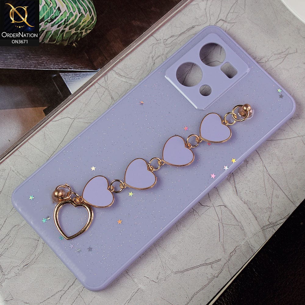Oppo Reno 7 4G Cover - Purple -Shiny Glitter Candy Color Soft Border Camera Protection Case With Heart Chain Holder (Glitter Does not move)