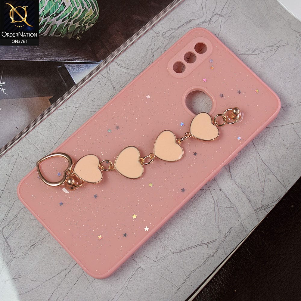 Samsung Galaxy A10s Cover - Pink -Shiny Glitter Candy Color Soft Border Camera Protection Case With Heart Chain Holder (Glitter Does not move)