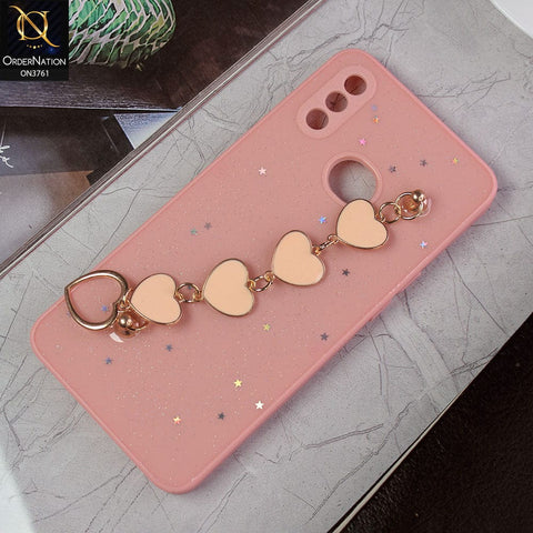 Samsung Galaxy A10s Cover - Pink -Shiny Glitter Candy Color Soft Border Camera Protection Case With Heart Chain Holder (Glitter Does not move)