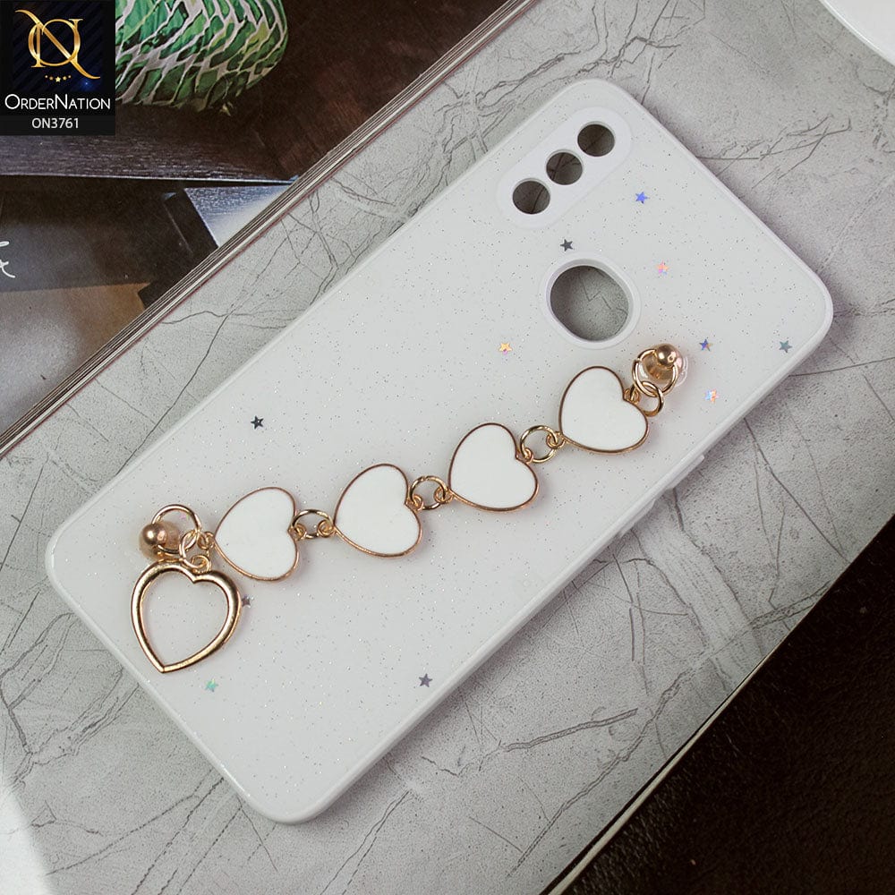 Samsung Galaxy A10s Cover - White -Shiny Glitter Candy Color Soft Border Camera Protection Case With Heart Chain Holder (Glitter Does not move)