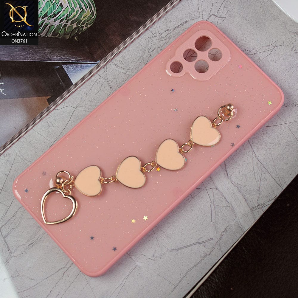 Samsung Galaxy A12 Cover - Pink -Shiny Glitter Candy Color Soft Border Camera Protection Case With Heart Chain Holder (Glitter Does not move)
