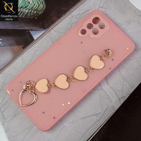 Samsung Galaxy A12 Nacho Cover - Pink -Shiny Glitter Candy Color Soft Border Camera Protection Case With Heart Chain Holder (Glitter Does not move)