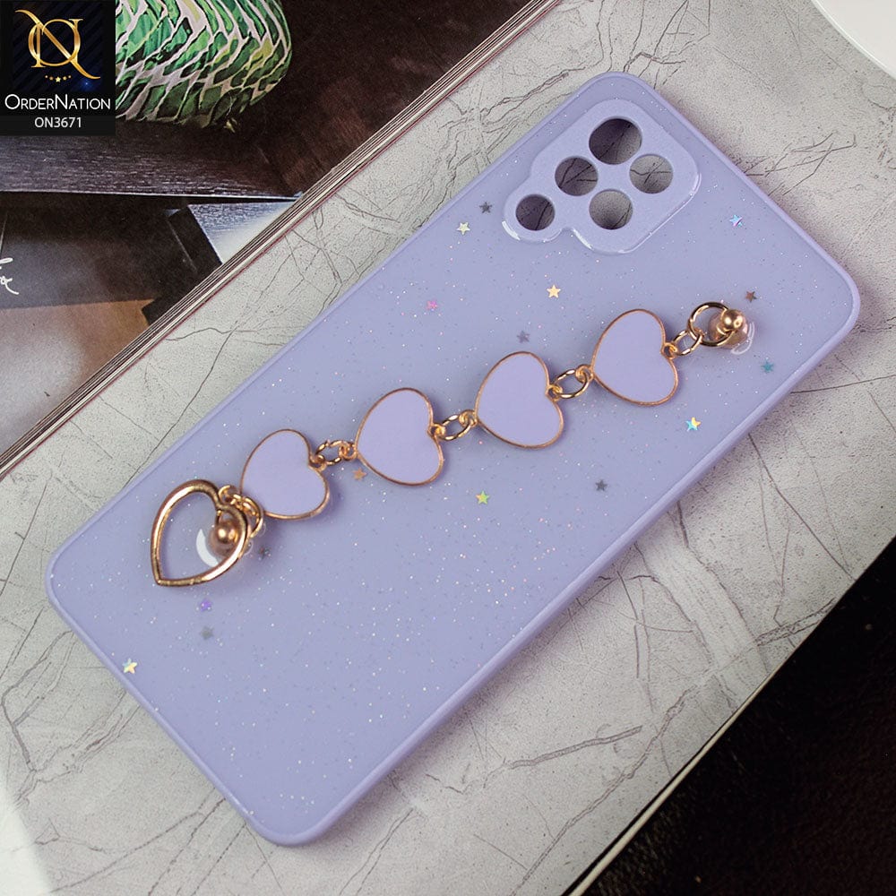 Samsung Galaxy A12 Nacho Cover - Purple -Shiny Glitter Candy Color Soft Border Camera Protection Case With Heart Chain Holder (Glitter Does not move)