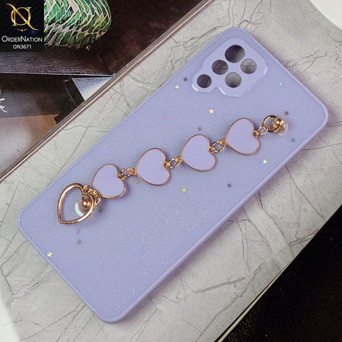 Samsung Galaxy A12 Nacho Cover - Purple -Shiny Glitter Candy Color Soft Border Camera Protection Case With Heart Chain Holder (Glitter Does not move)