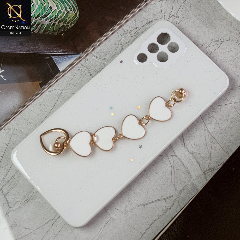 Samsung Galaxy A12 Nacho Cover - White -Shiny Glitter Candy Color Soft Border Camera Protection Case With Heart Chain Holder (Glitter Does not move)