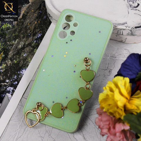 Samsung Galaxy A13 Cover - Light Green - Shiny Glitter Candy Color Soft Border Camera Protection Case With Heart Chain Holder (Glitter Does not move)