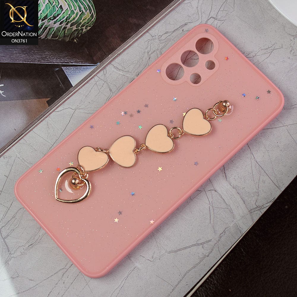 Samsung Galaxy A13 Cover - Pink -Shiny Glitter Candy Color Soft Border Camera Protection Case With Heart Chain Holder (Glitter Does not move)