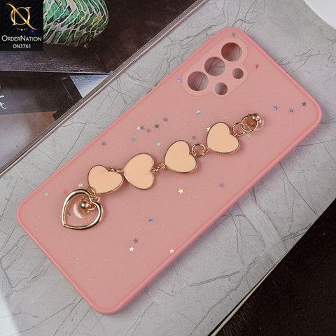 Samsung Galaxy A13 Cover - Pink -Shiny Glitter Candy Color Soft Border Camera Protection Case With Heart Chain Holder (Glitter Does not move)