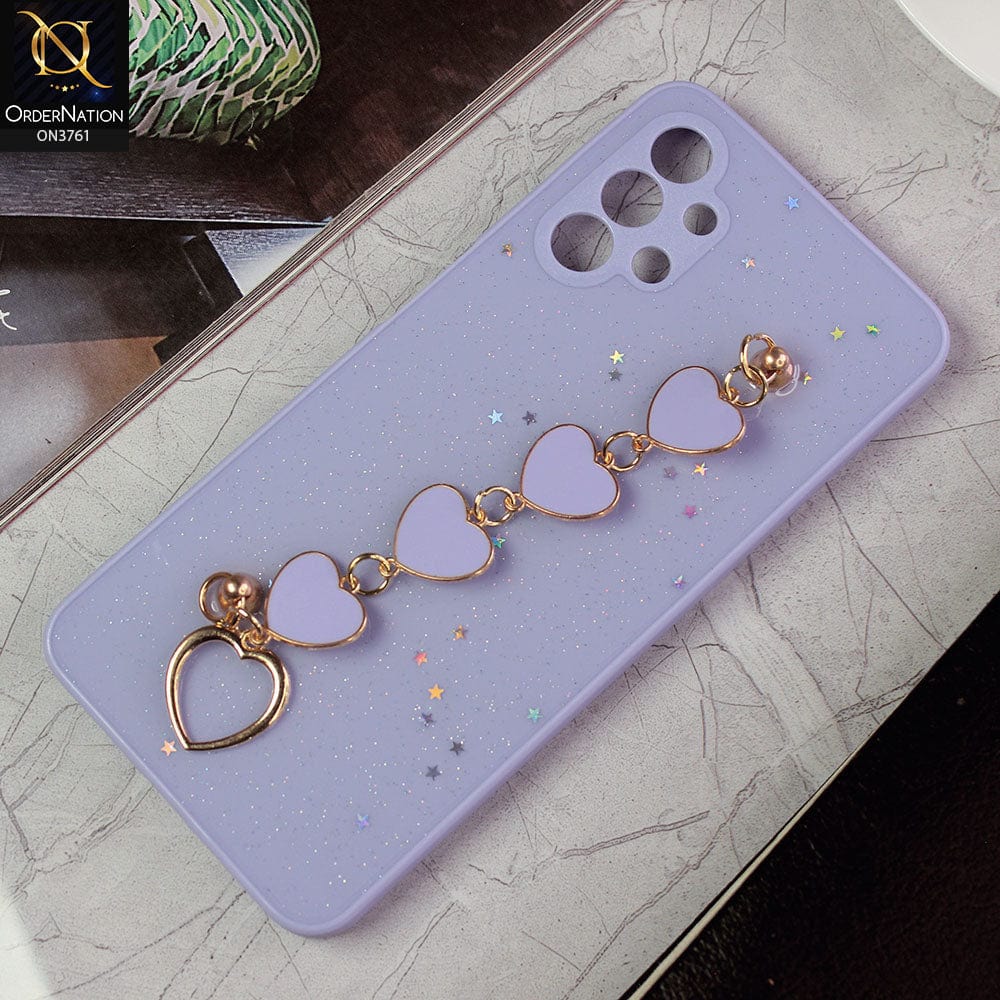 Samsung Galaxy A13 Cover - Purple -Shiny Glitter Candy Color Soft Border Camera Protection Case With Heart Chain Holder (Glitter Does not move)