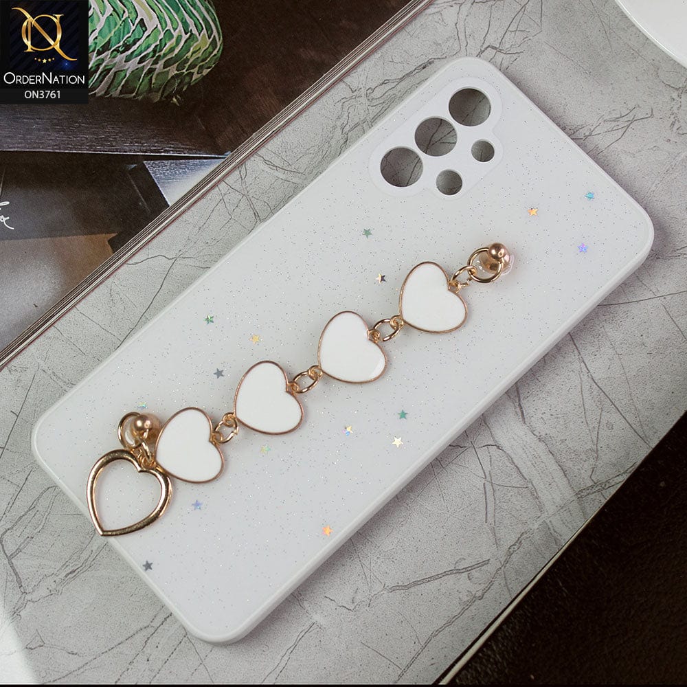 Samsung Galaxy A13 Cover - White -Shiny Glitter Candy Color Soft Border Camera Protection Case With Heart Chain Holder (Glitter Does not move)