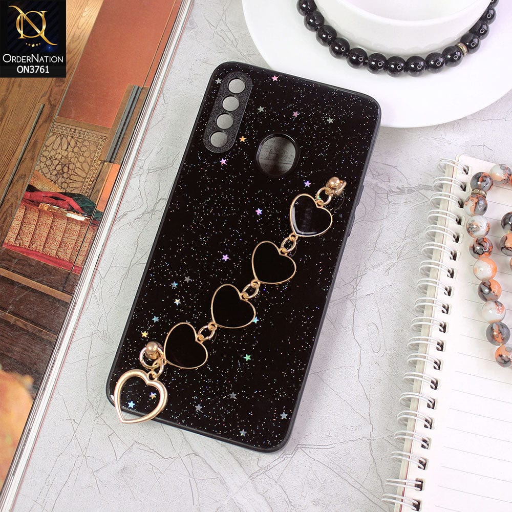 Samsung Galaxy A20s Cover - Black - Shiny Glitter Candy Color Soft Border Camera Protection Case With Heart Chain Holder (Glitter Does not move)