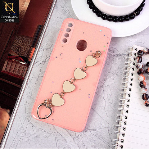 Samsung Galaxy A20s Cover - Pink - Shiny Glitter Candy Color Soft Border Camera Protection Case With Heart Chain Holder (Glitter Does not move)
