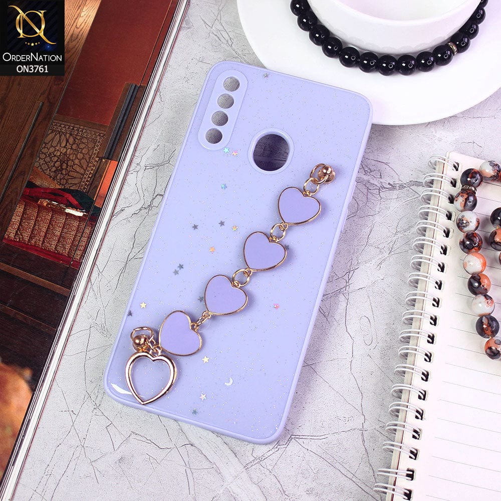 Samsung Galaxy A20s Cover - Purple - Shiny Glitter Candy Color Soft Border Camera Protection Case With Heart Chain Holder (Glitter Does not move)