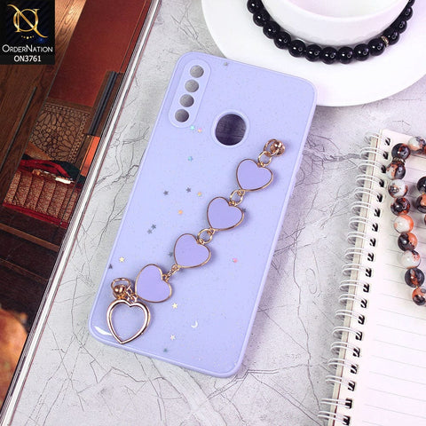 Samsung Galaxy A20s Cover - Purple - Shiny Glitter Candy Color Soft Border Camera Protection Case With Heart Chain Holder (Glitter Does not move)