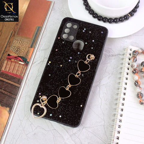 Samsung Galaxy A21s Cover - Black - Shiny Glitter Candy Color Soft Border Camera Protection Case With Heart Chain Holder (Glitter Does not move)