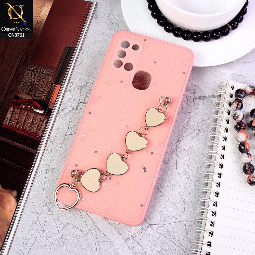 Samsung Galaxy A21s Cover - Pink - Shiny Glitter Candy Color Soft Border Camera Protection Case With Heart Chain Holder (Glitter Does not move)