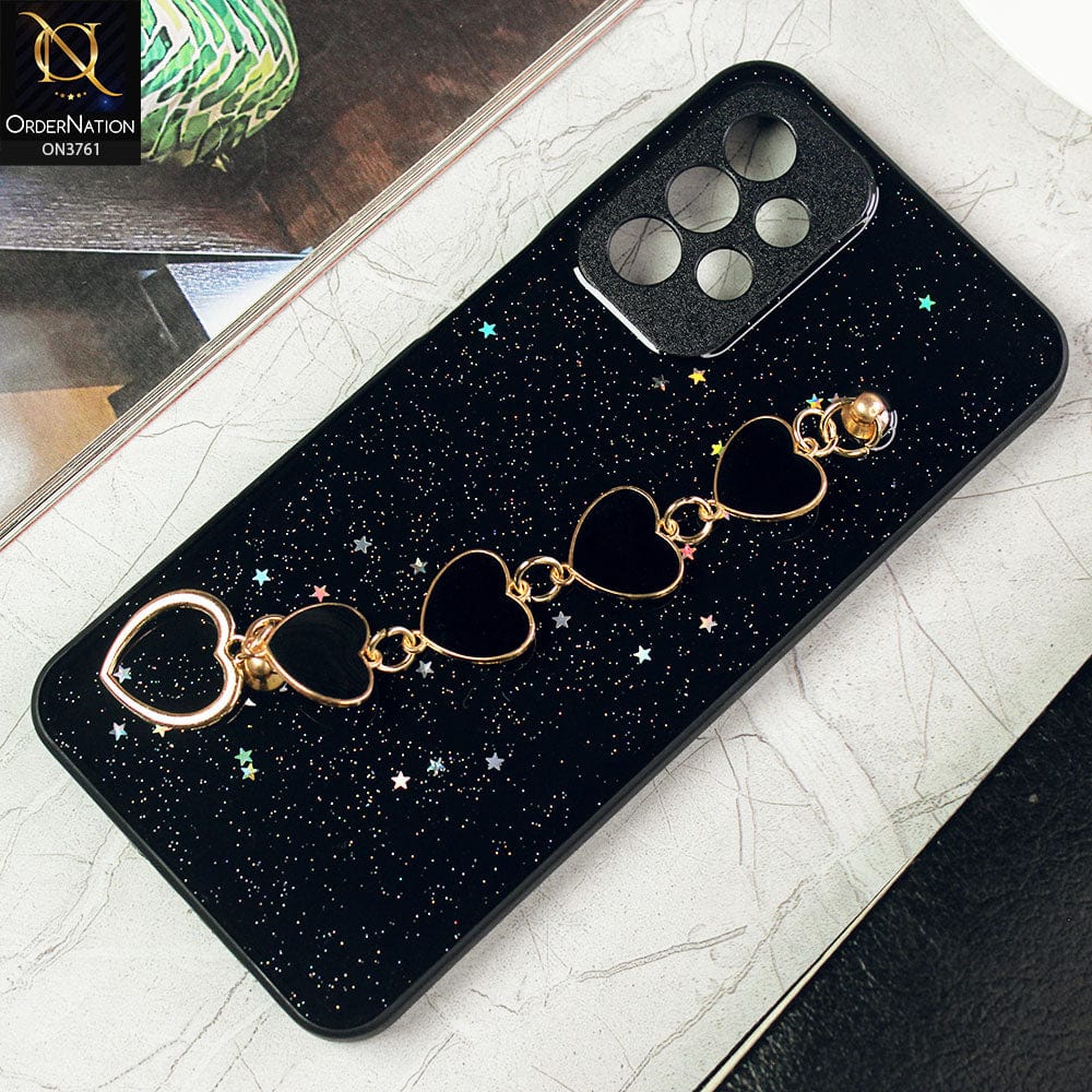 Samsung Galaxy A23 Cover - Black -Shiny Glitter Candy Color Soft Border Camera Protection Case With Heart Chain Holder (Glitter Does not move)