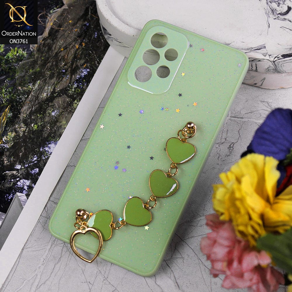 Samsung Galaxy A23 5G Cover - Light Green - Shiny Glitter Candy Color Soft Border Camera Protection Case With Heart Chain Holder (Glitter Does not move)