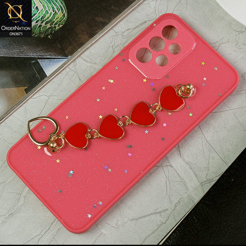 Samsung Galaxy A23 Cover - Peach -Shiny Glitter Candy Color Soft Border Camera Protection Case With Heart Chain Holder (Glitter Does not move)