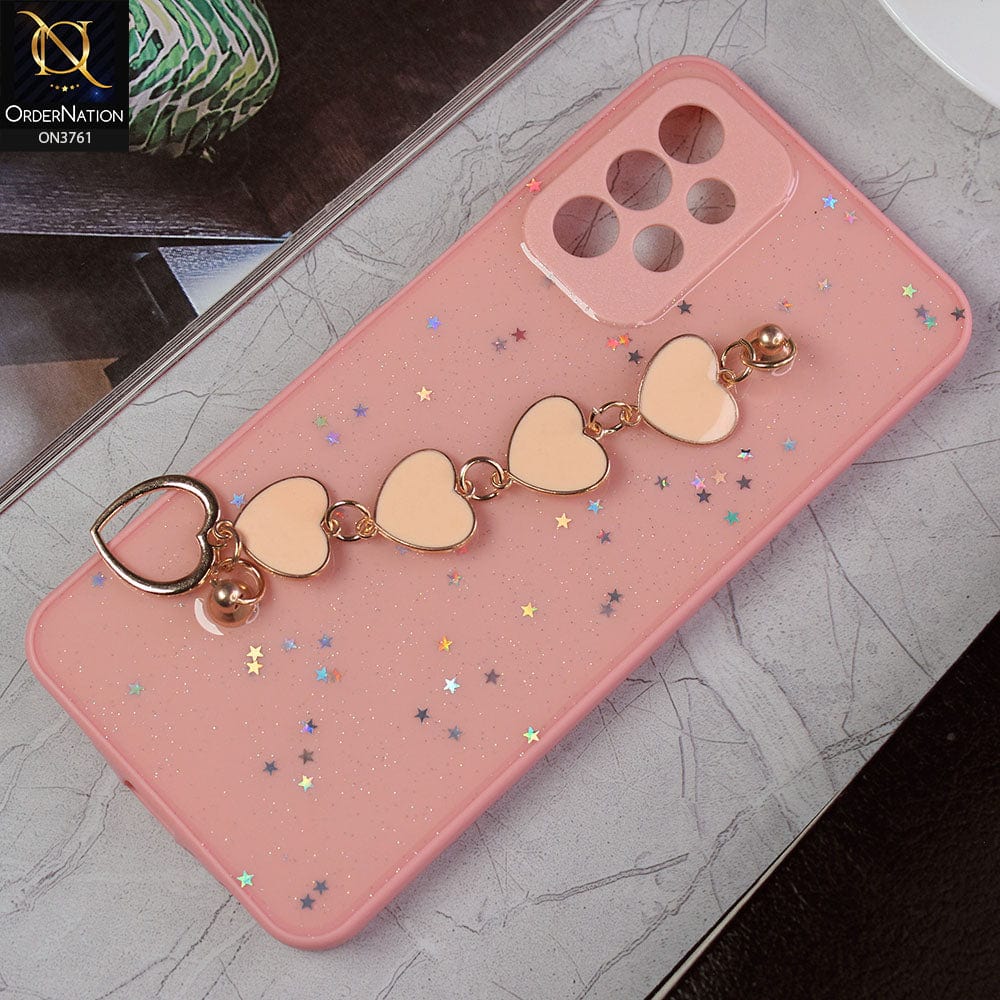 Samsung Galaxy A23 5G Cover - Pink -Shiny Glitter Candy Color Soft Border Camera Protection Case With Heart Chain Holder (Glitter Does not move)