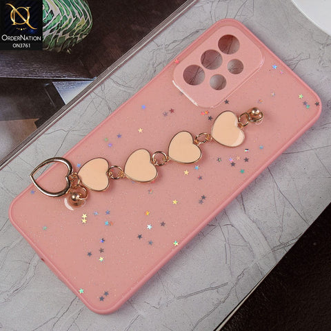 Samsung Galaxy A23 5G Cover - Pink -Shiny Glitter Candy Color Soft Border Camera Protection Case With Heart Chain Holder (Glitter Does not move)