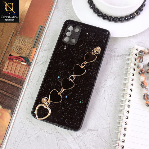 Samsung Galaxy A31 Cover - Black - Shiny Glitter Candy Color Soft Border Camera Protection Case With Heart Chain Holder (Glitter Does not move)