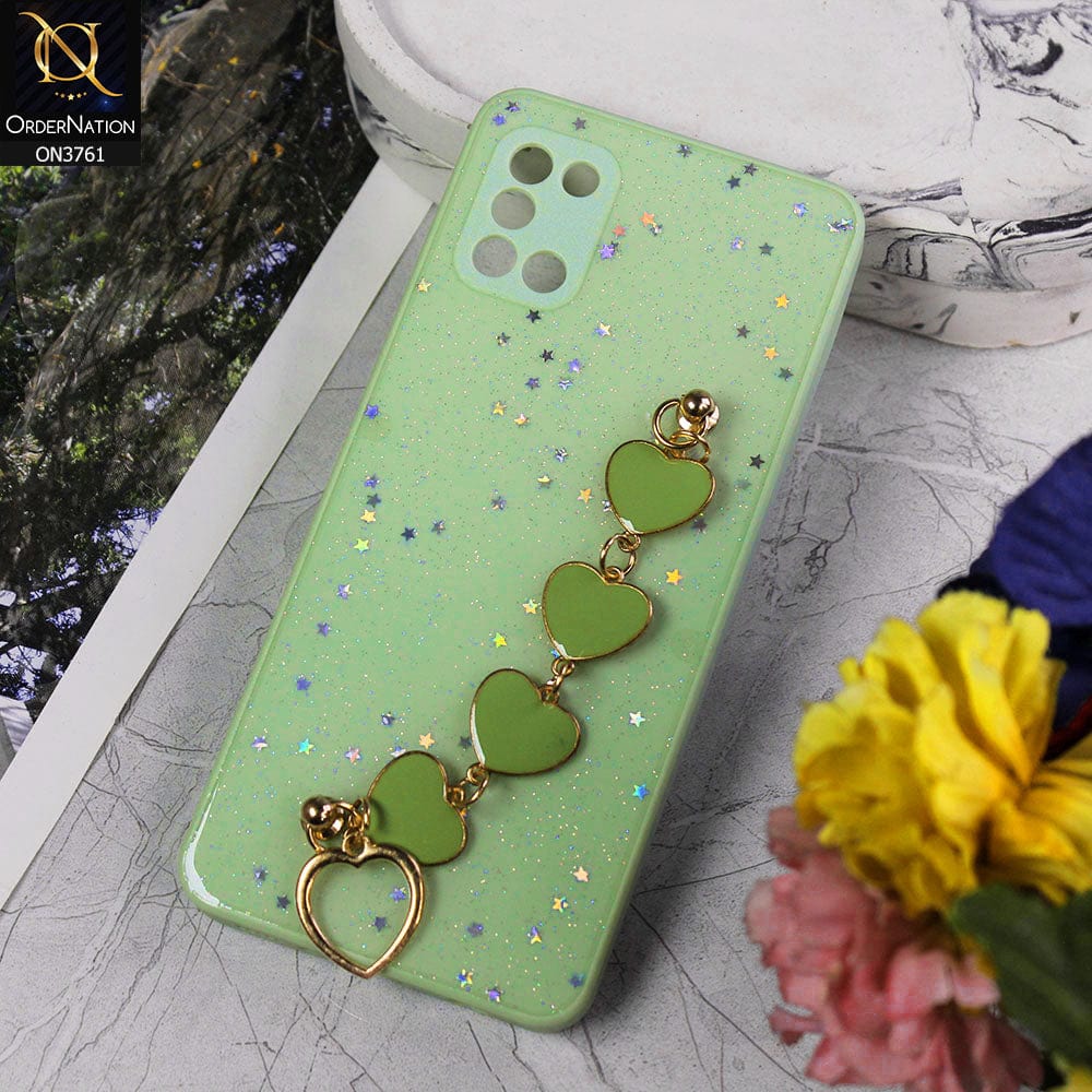 Samsung Galaxy A31 Cover - Light Green - Shiny Glitter Candy Color Soft Border Camera Protection Case With Heart Chain Holder (Glitter Does not move)