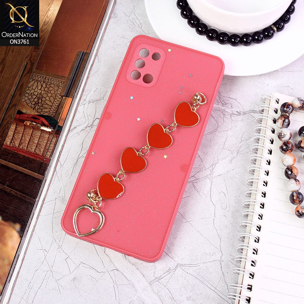 Samsung Galaxy A31 Cover - Peach - Shiny Glitter Candy Color Soft Border Camera Protection Case With Heart Chain Holder (Glitter Does not move)