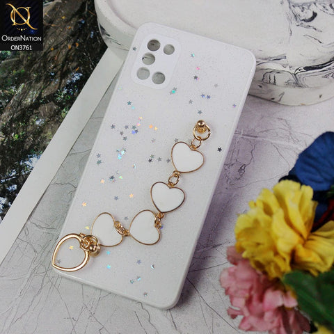 Samsung Galaxy A31 Cover - White - Shiny Glitter Candy Color Soft Border Camera Protection Case With Heart Chain Holder (Glitter Does not move)